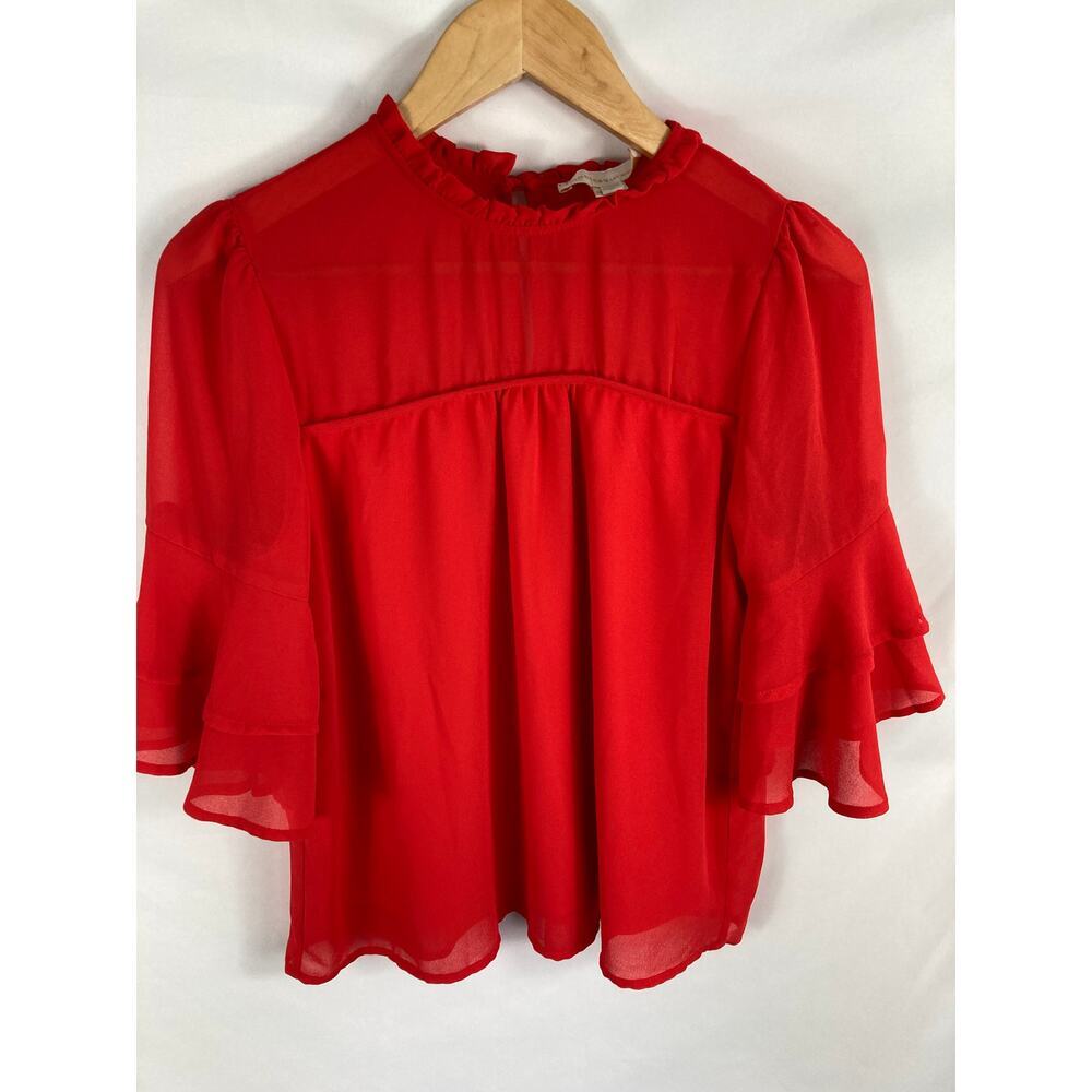 Monteau Red Ruffle Neck Sheer Blouse